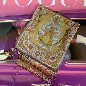 Antique Art Deco 1920’s Beaded Marcasite Trim Push Lock Fringed Bag